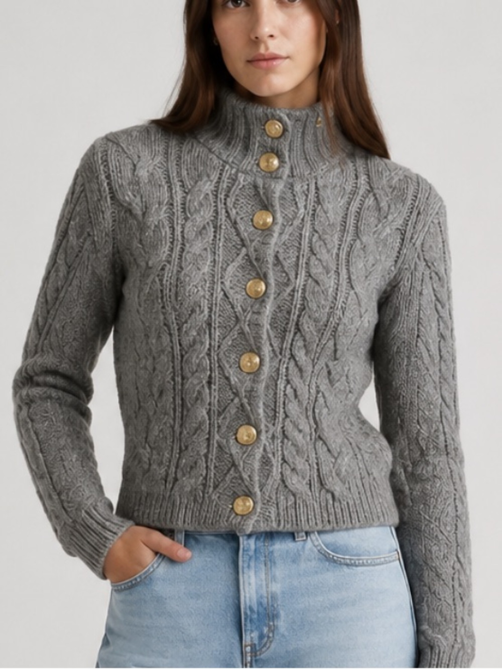 J. Crew Cable-knit Turtleneck Cardigan in Grey